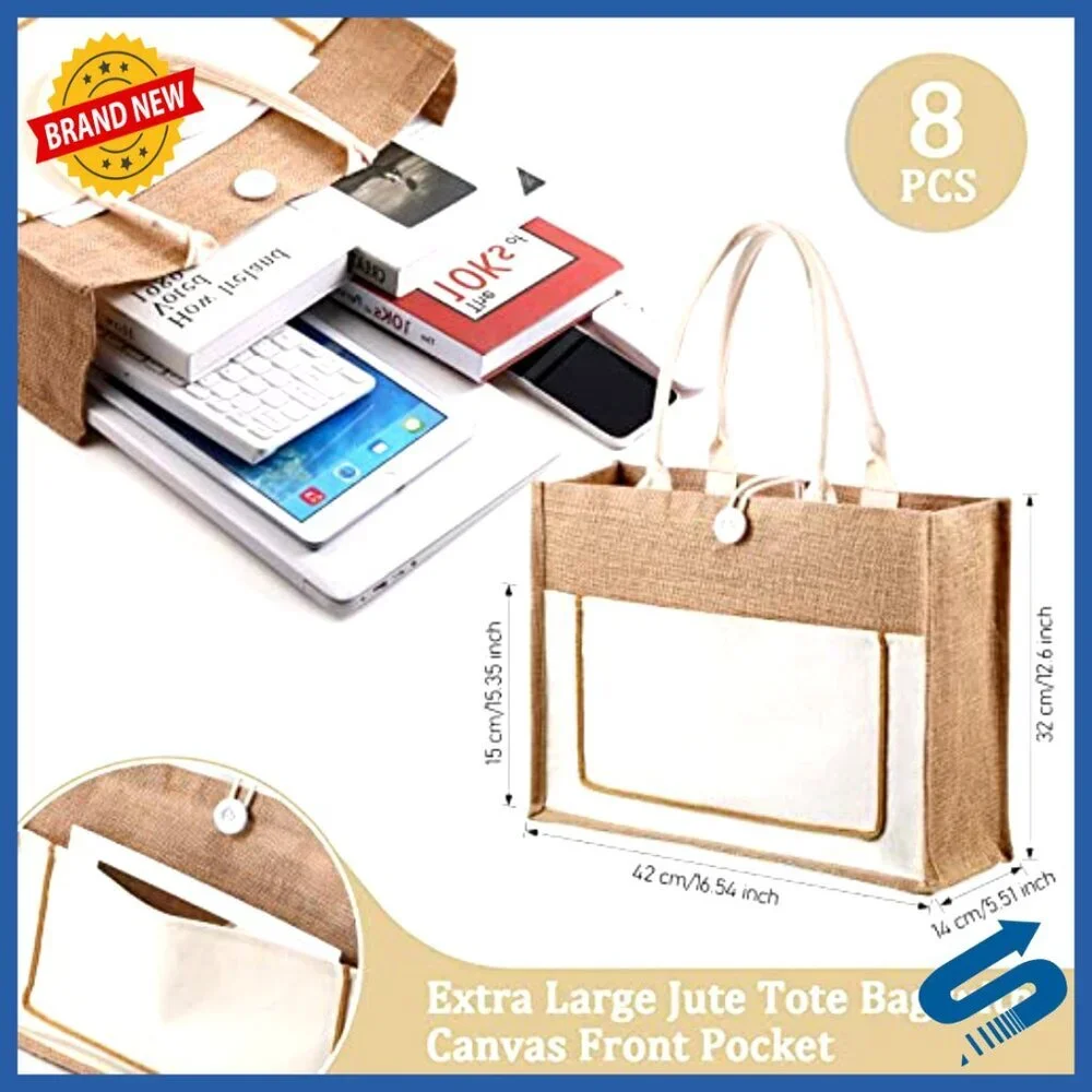 Large Jute Tote Bags Reusable Canvas Grocery Shopping Multipurpose Travel